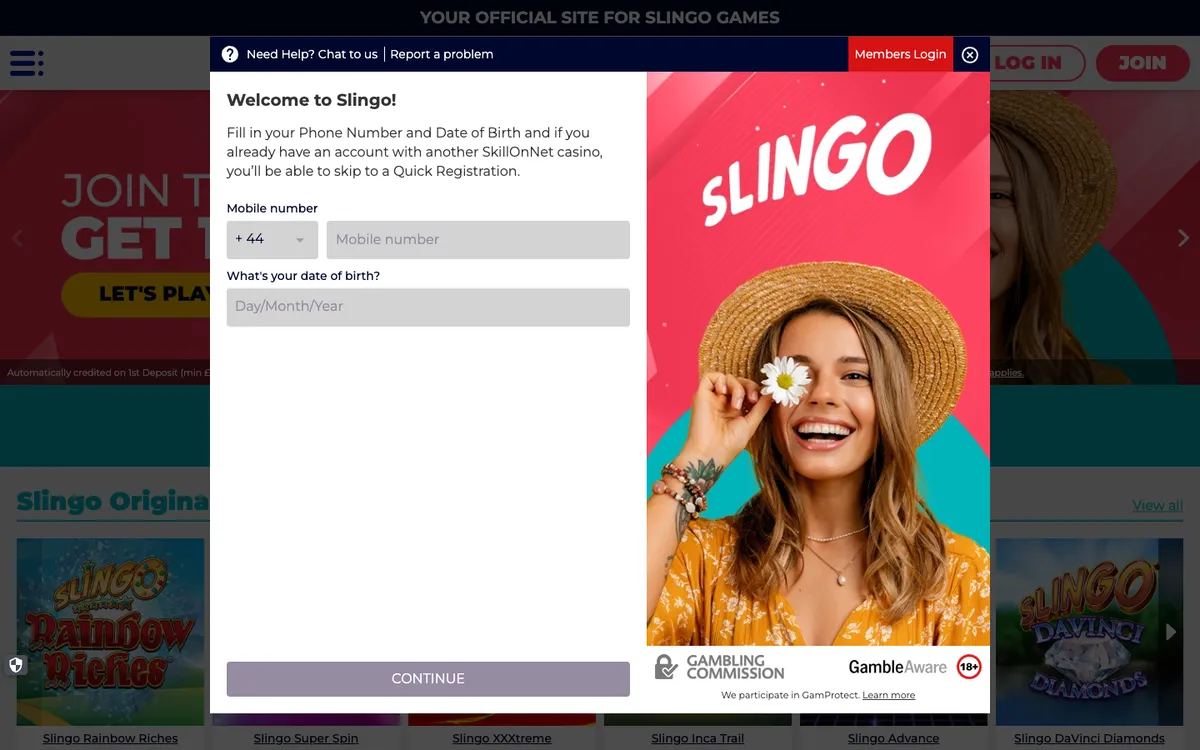 Slingo Casino — Sign-up, captured from United Kingdom