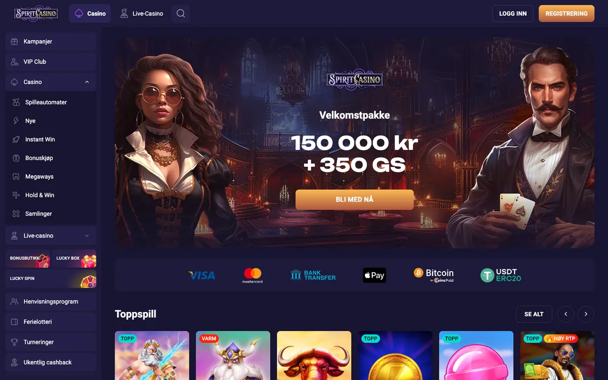 Spirit Casino — Home page, captured from Norway