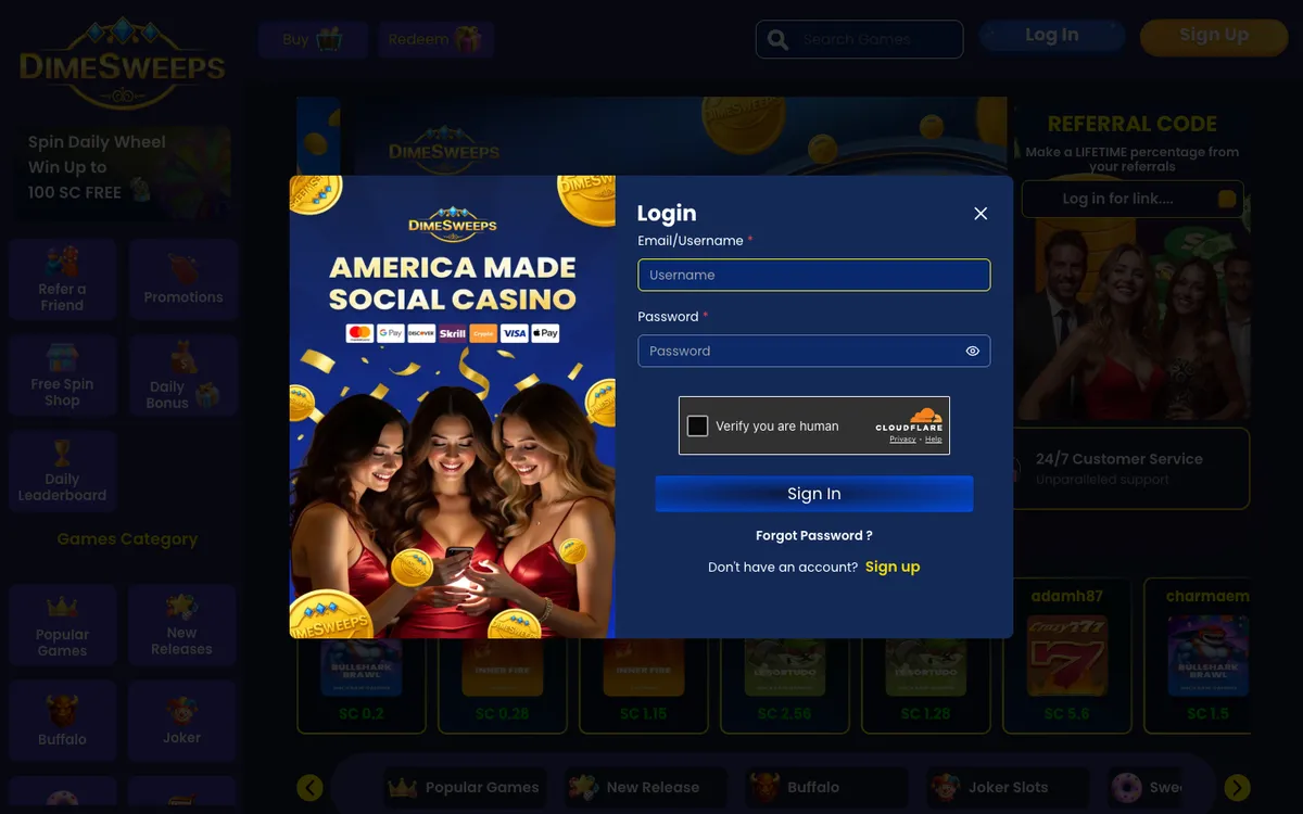 DimeSweeps Casino — Sign-up, captured from United States