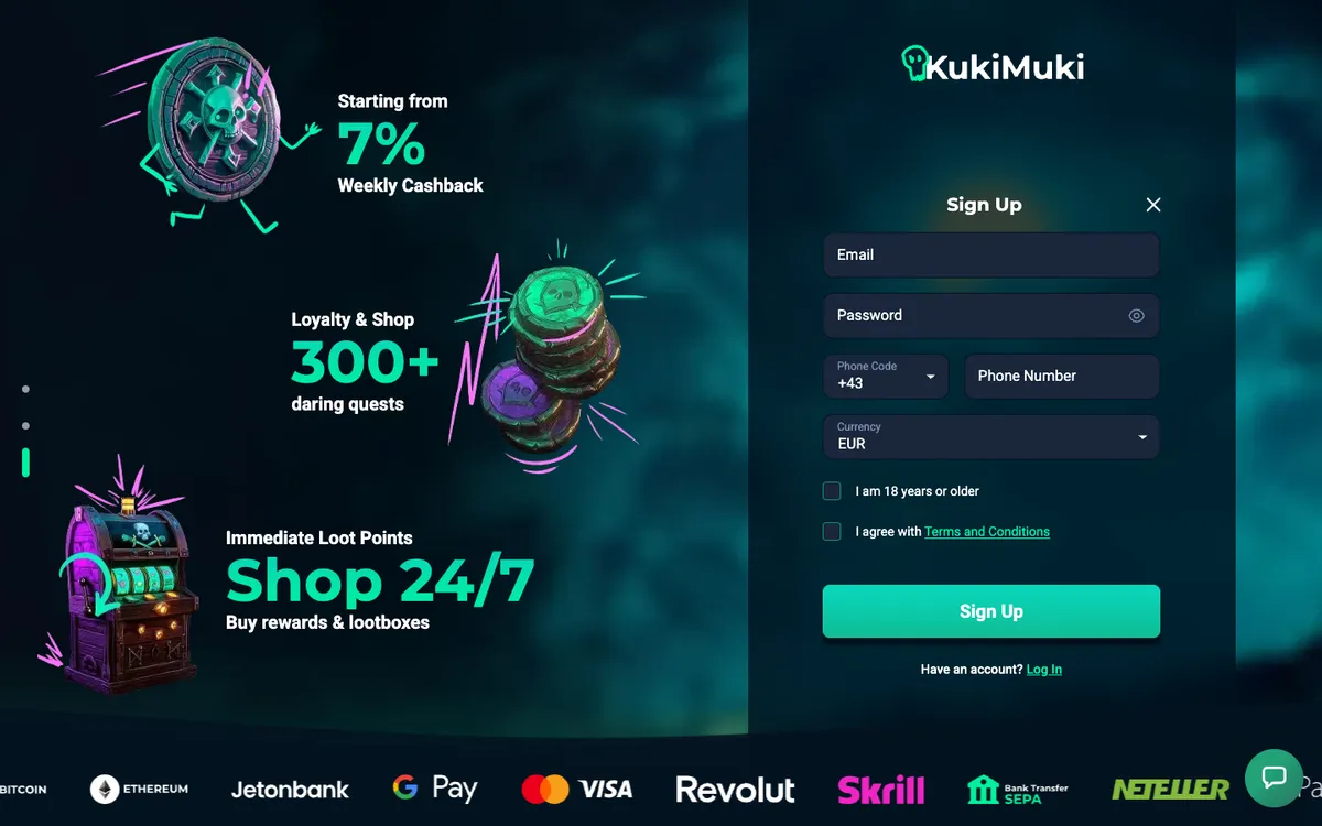 KukiMuki Casino — Sign-up, captured from Austria