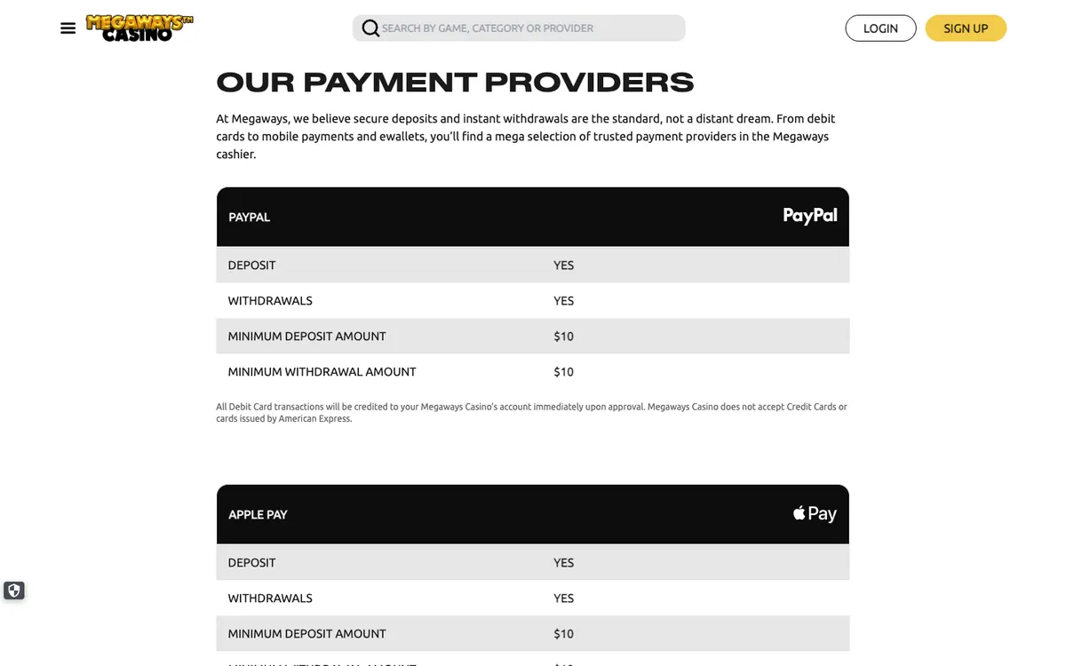 Megaways Casino — Payments, captured from Canada