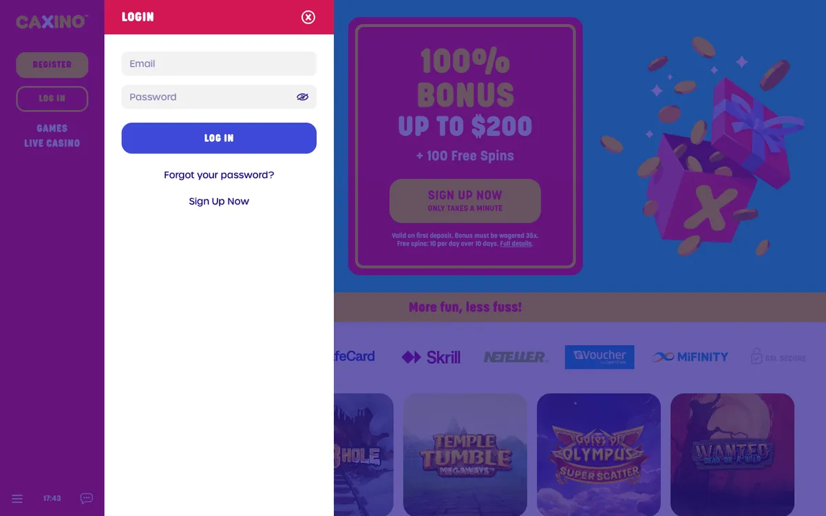 Caxino Casino — «Регистрация», снято из страны Новая Зеландия