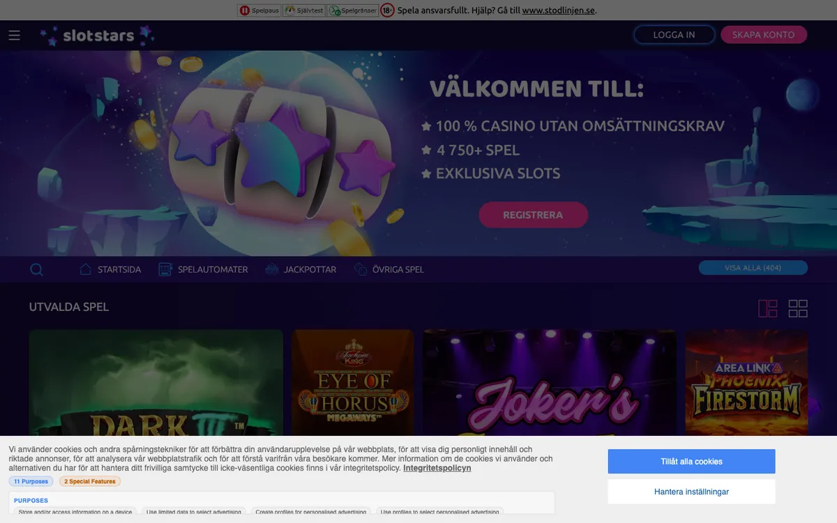 Slotstars Casino — Home page, captured from Sweden