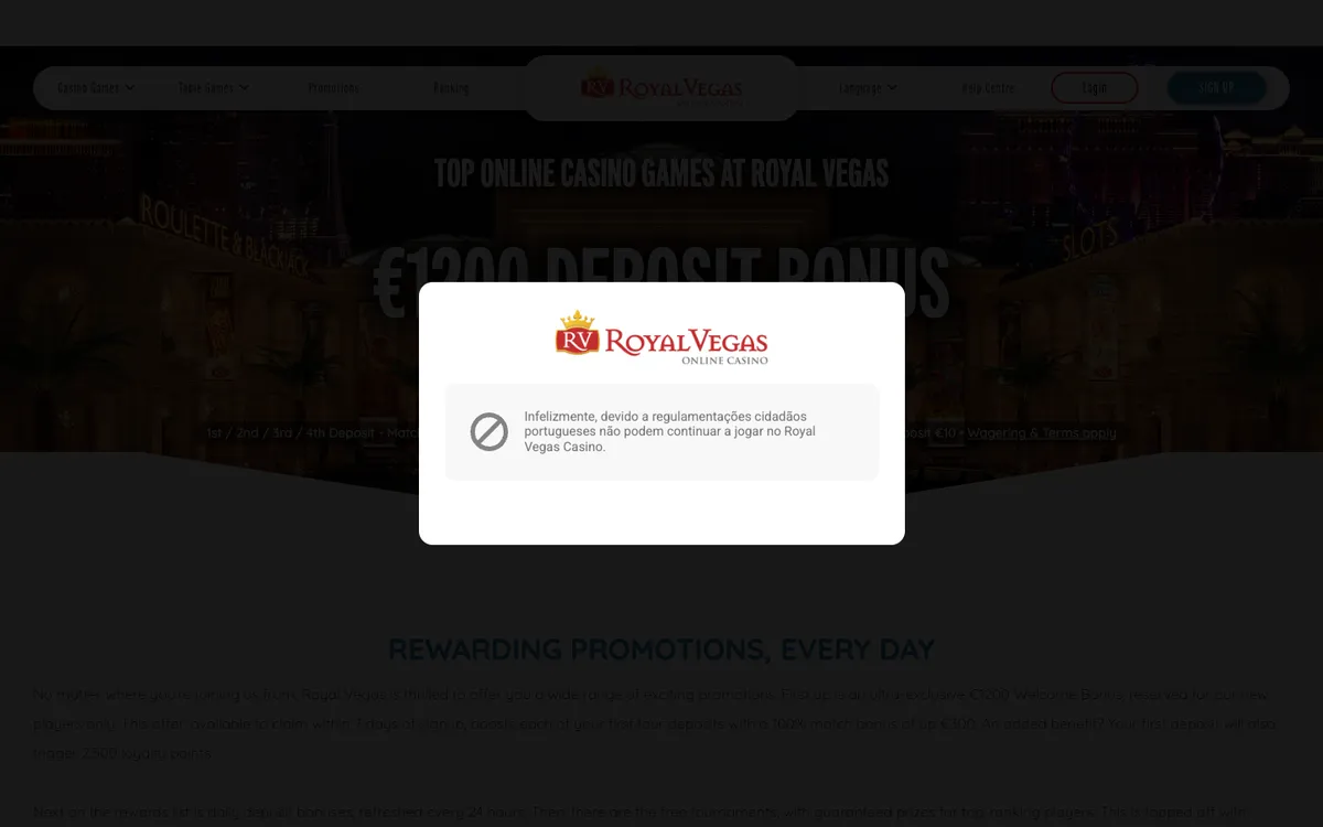 Royal Vegas Casino — Promotions, captured from Portugal