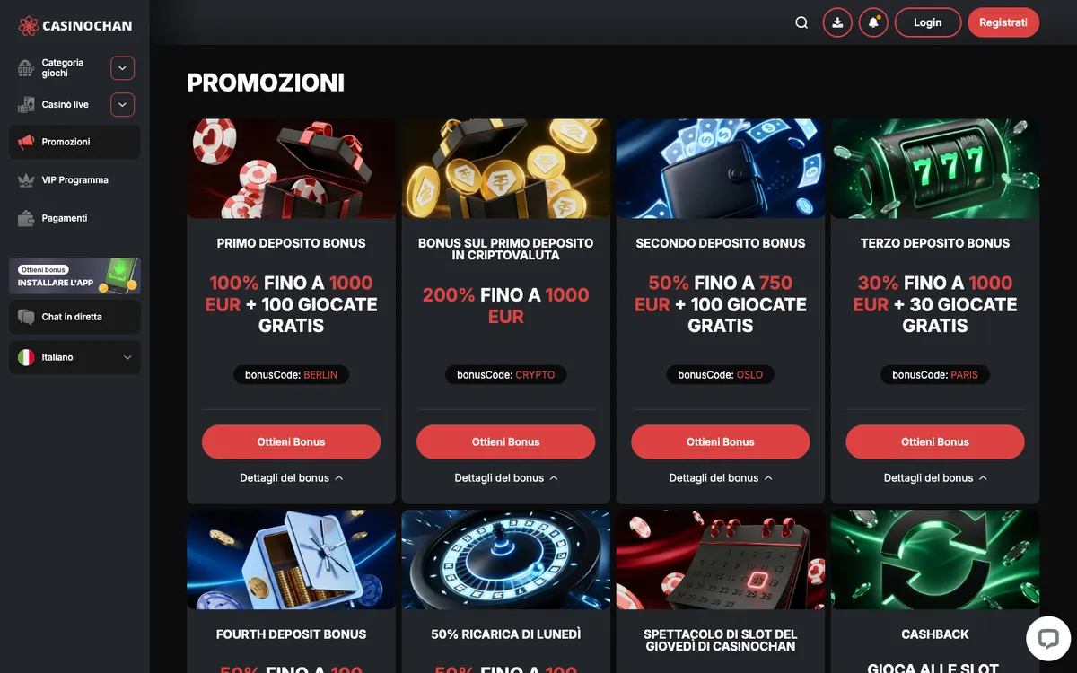 CasinoChan — Promotions, captured from Italy