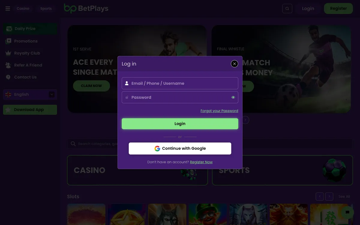 BetPlays Casino — «Регистрация», снято из страны Норвегия