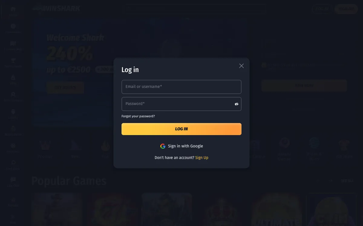 Winshark Casino — Sign-up, captured from New Zealand