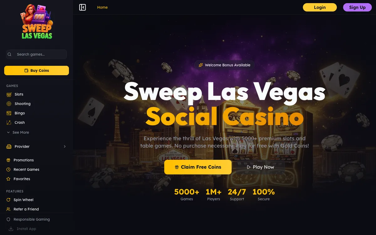 Sweep Las Vegas Casino — Home page, captured from United States