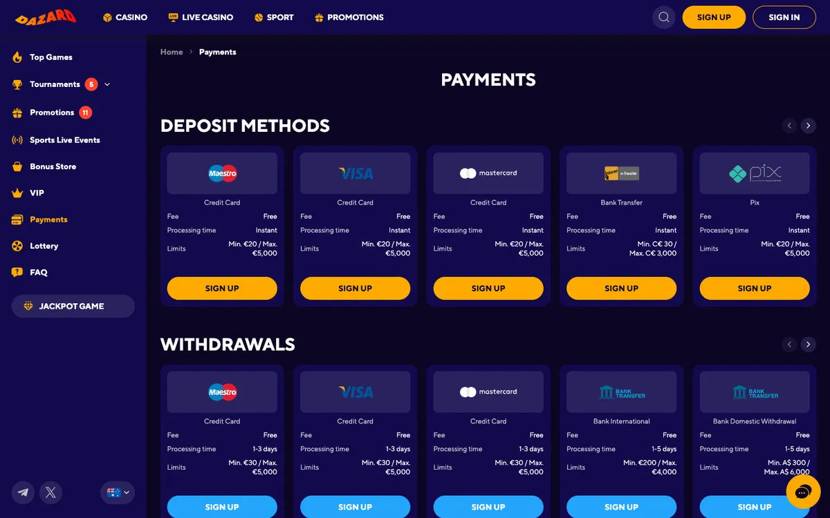 Dazard Casino — «Платежи», снято из страны Австралия