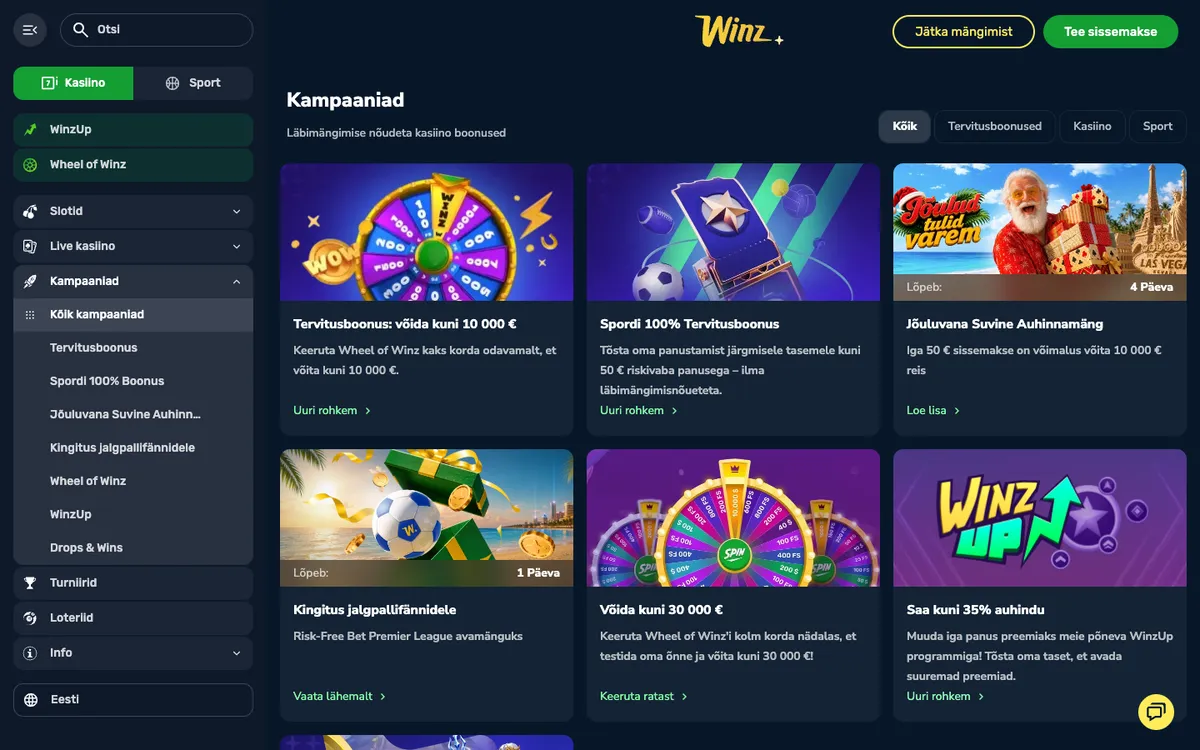 Winz.io Casino — Promotions, captured from Estonia