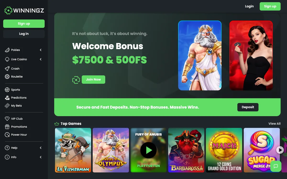Winningz Casino — «Главная», снято из страны Новая Зеландия