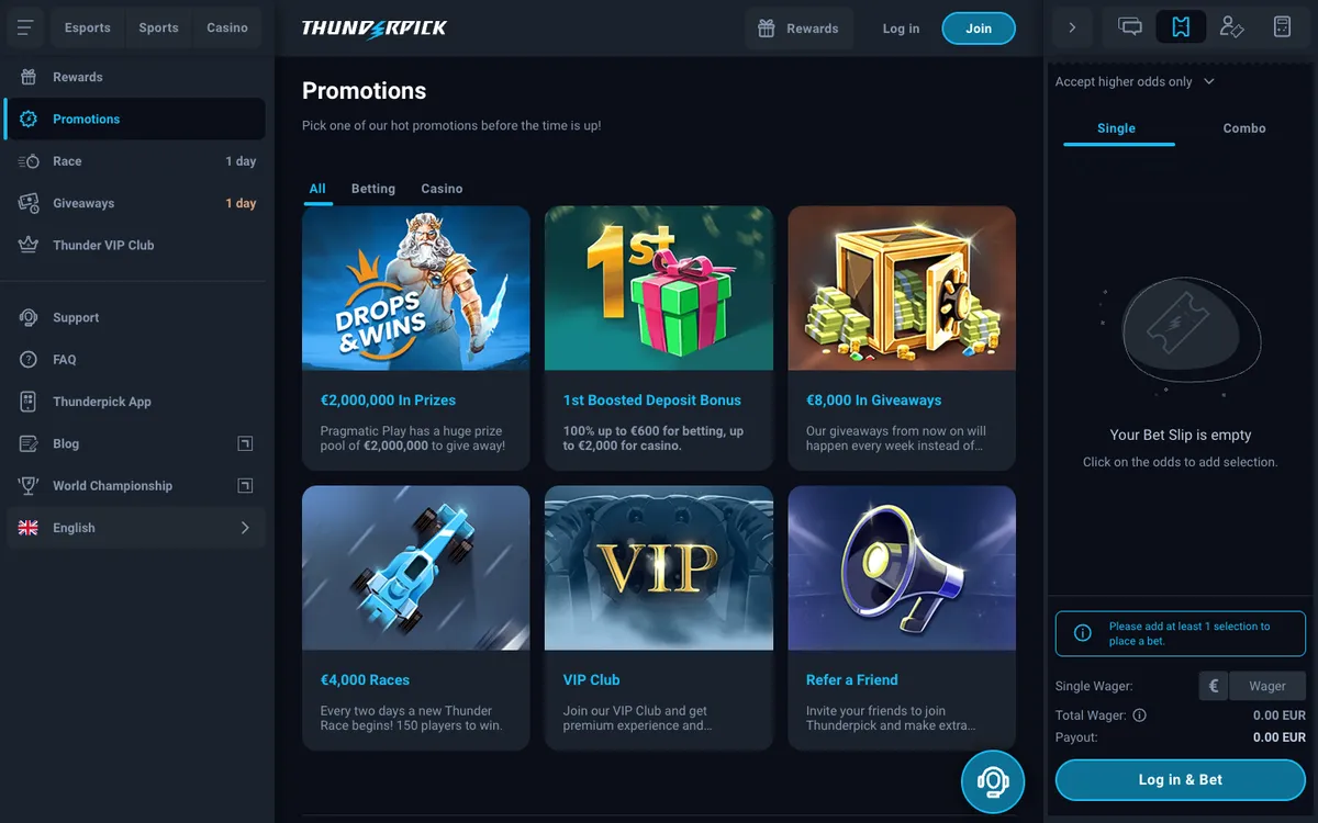Thunderpick Casino — Promotions, captured from Portugal