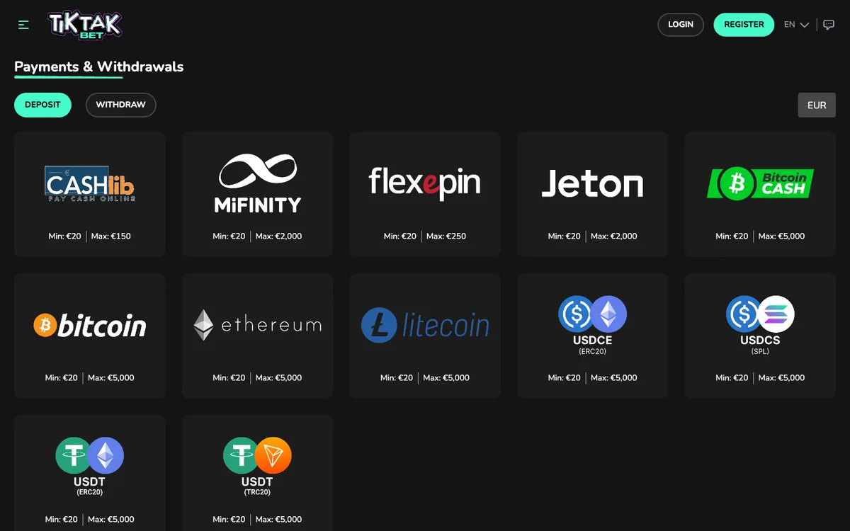 TikTak Bet Casino — Payments, captured from Germany