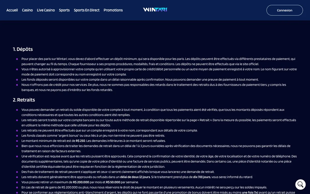 Wintari Casino — Payments, captured from France