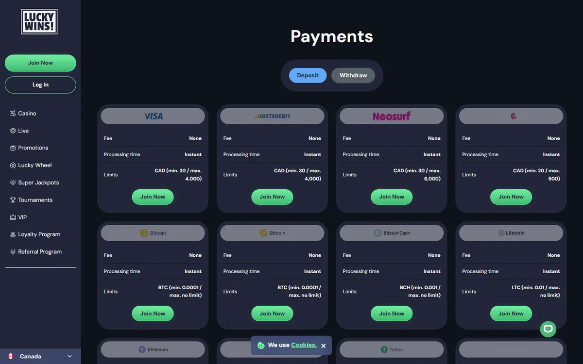 LuckyWins Casino — Payments, captured from Canada