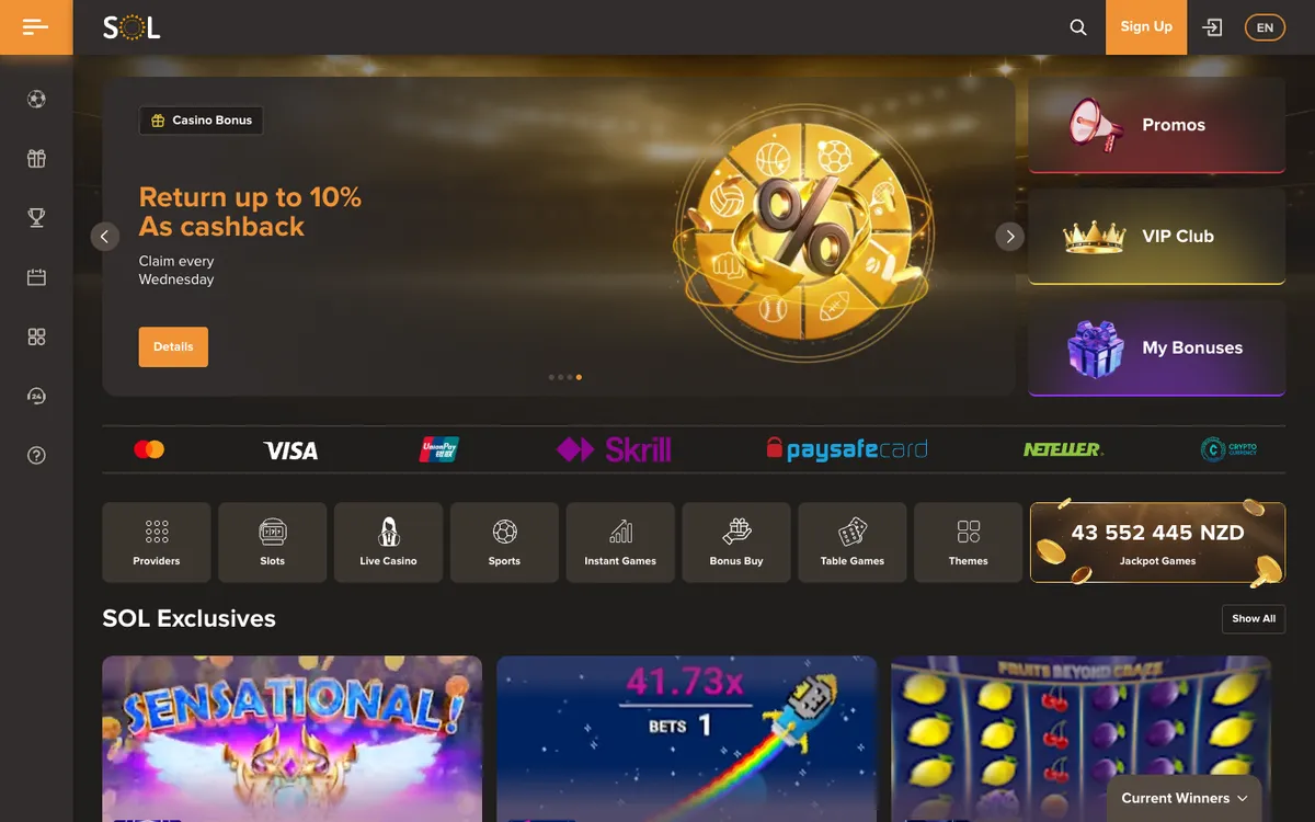 Sol Casino — Home page, captured from New Zealand