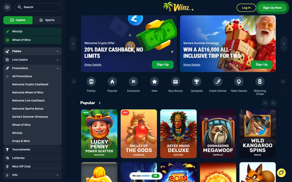 Winz.io Casino — Home page, captured from Australia