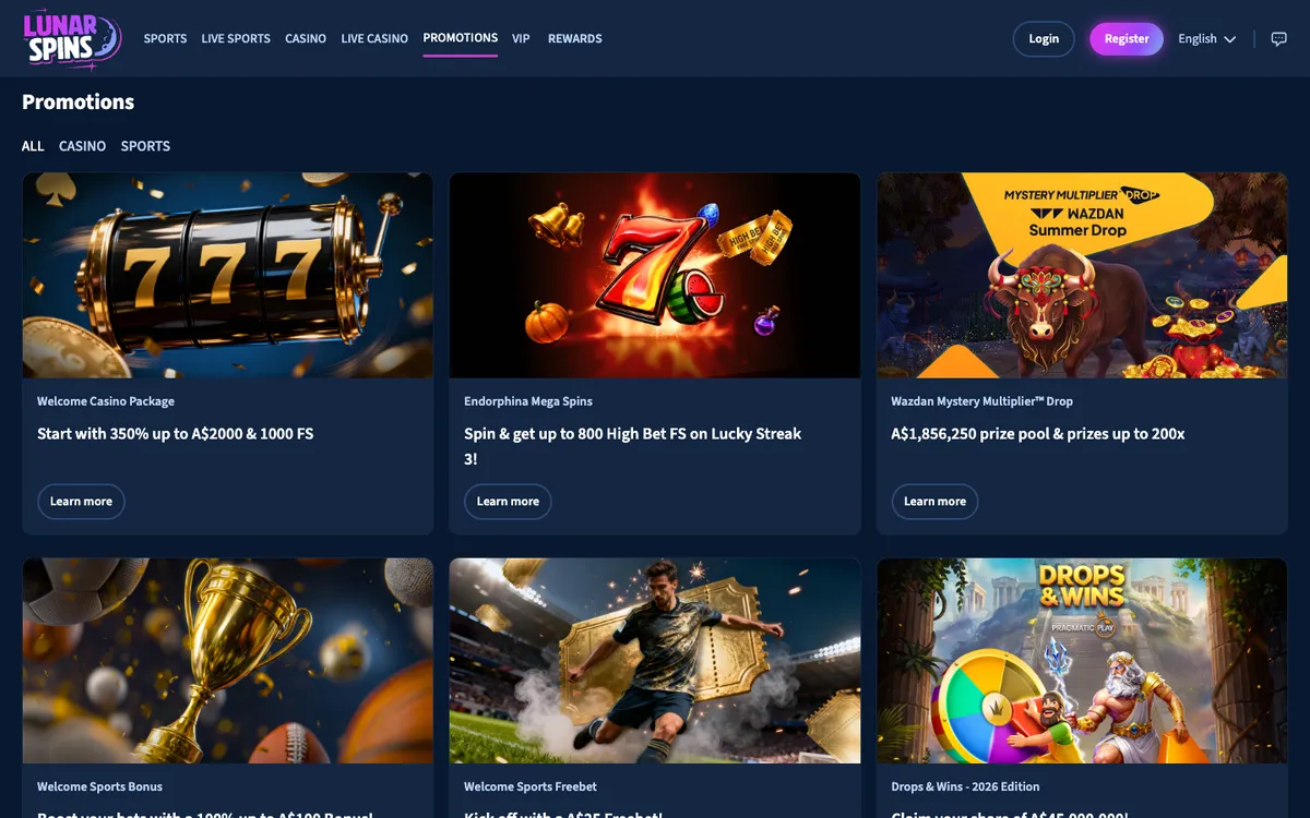 Lunarspins Casino — Promotions, captured from Australia