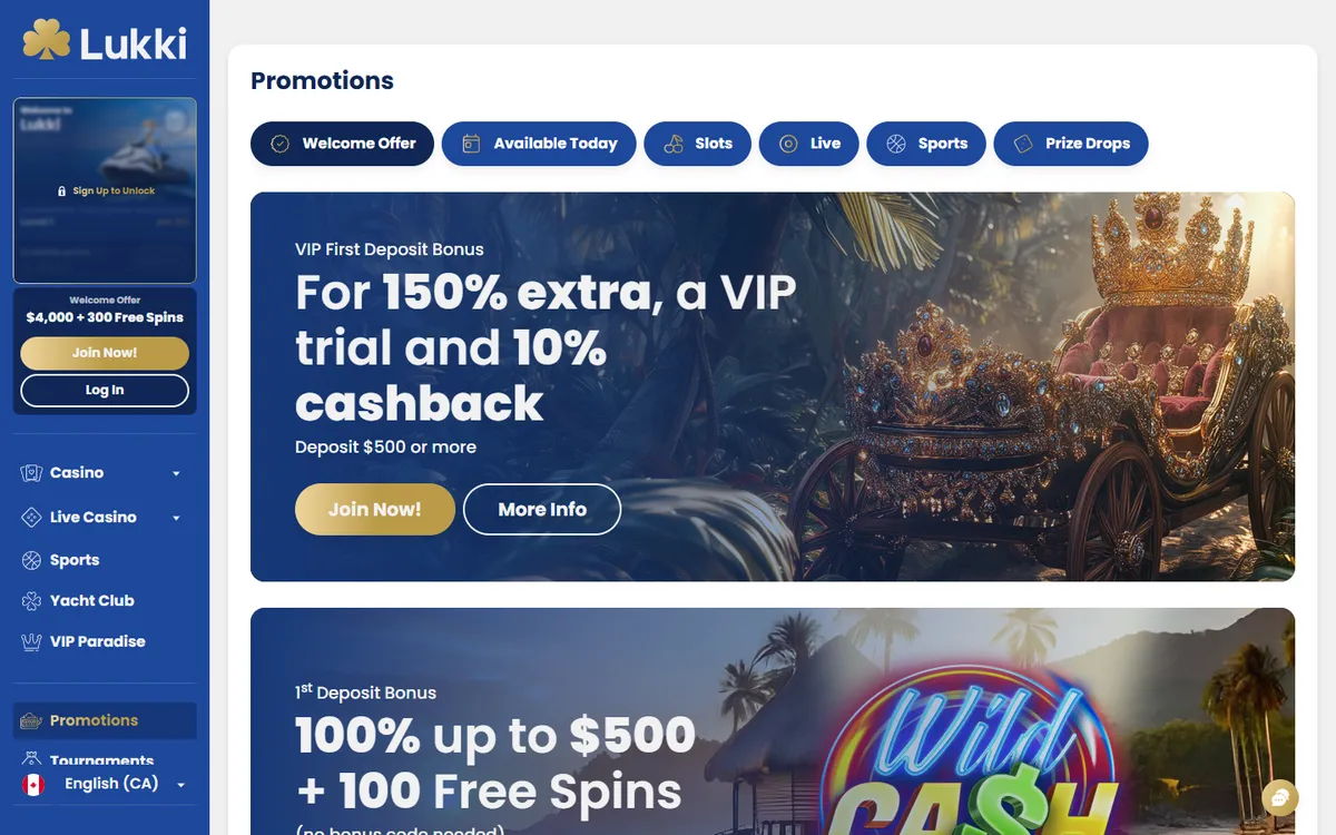 Lukki Casino — Promotions, captured from Canada