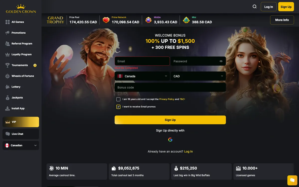 Golden Crown Casino — Home page, captured from Canada