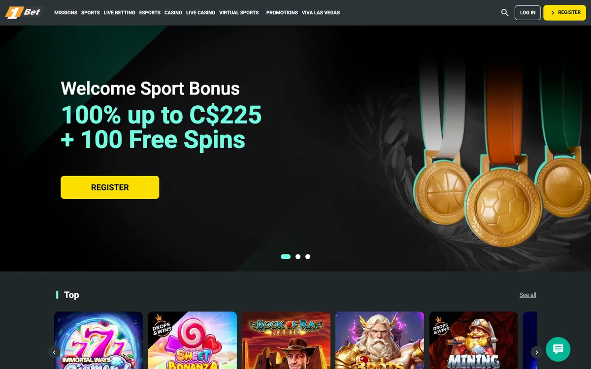 1Bet Casino — Home page, captured from Canada