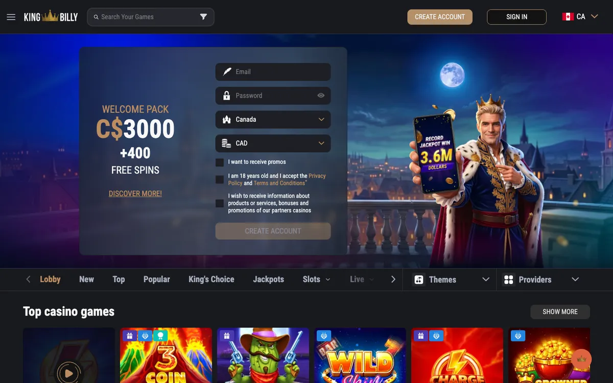 King Billy Casino — Home page, captured from Canada