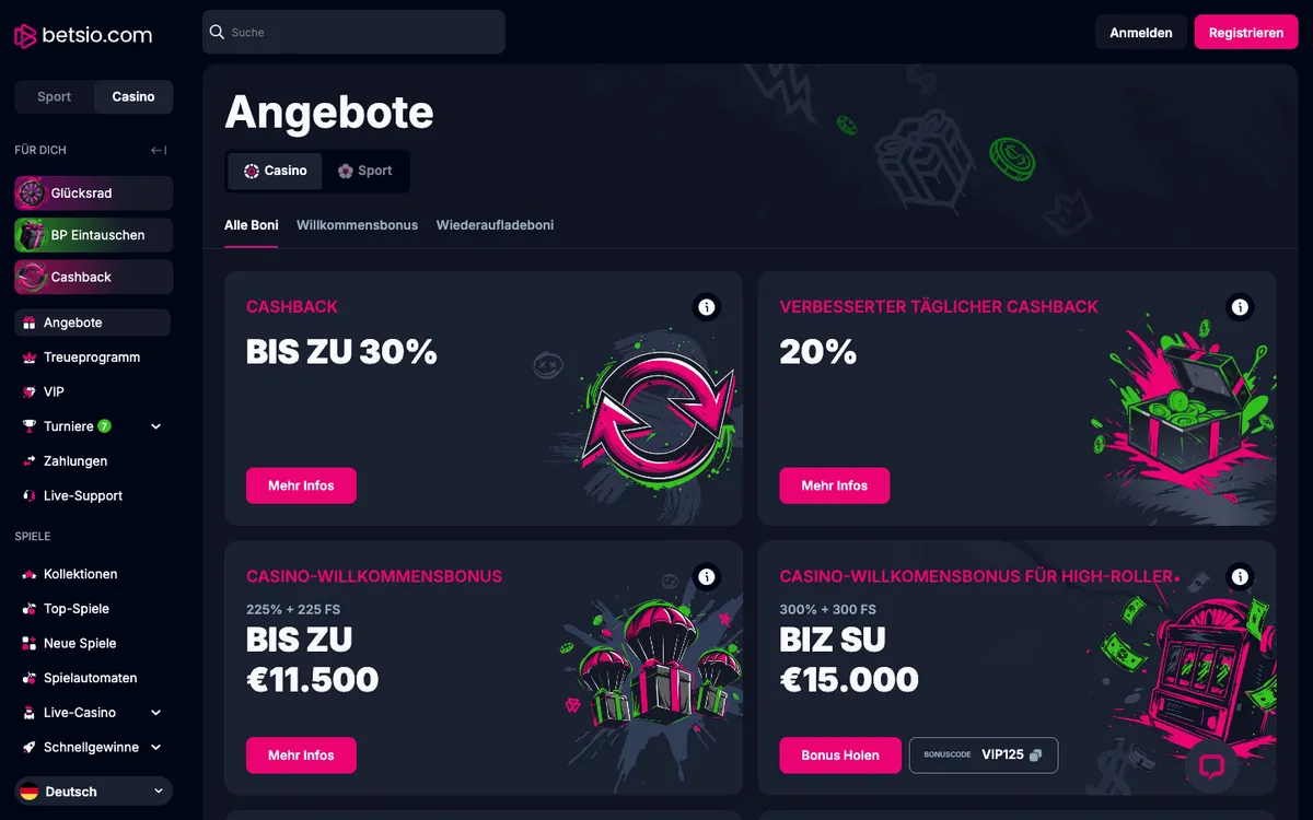 Betsio Casino — Promotions, captured from Austria