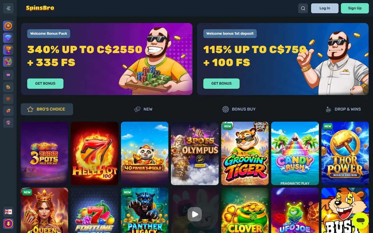 SpinsBro Casino — Home page, captured from Canada