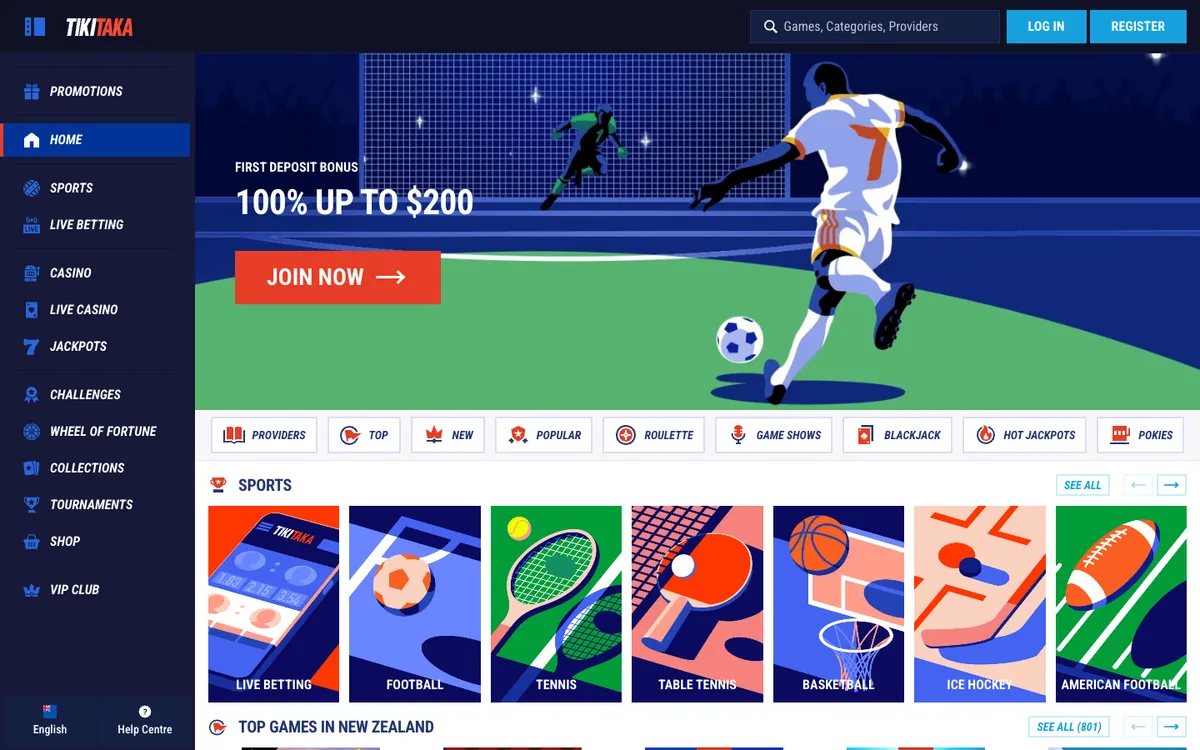 TikiTaka Casino — Home page, captured from New Zealand