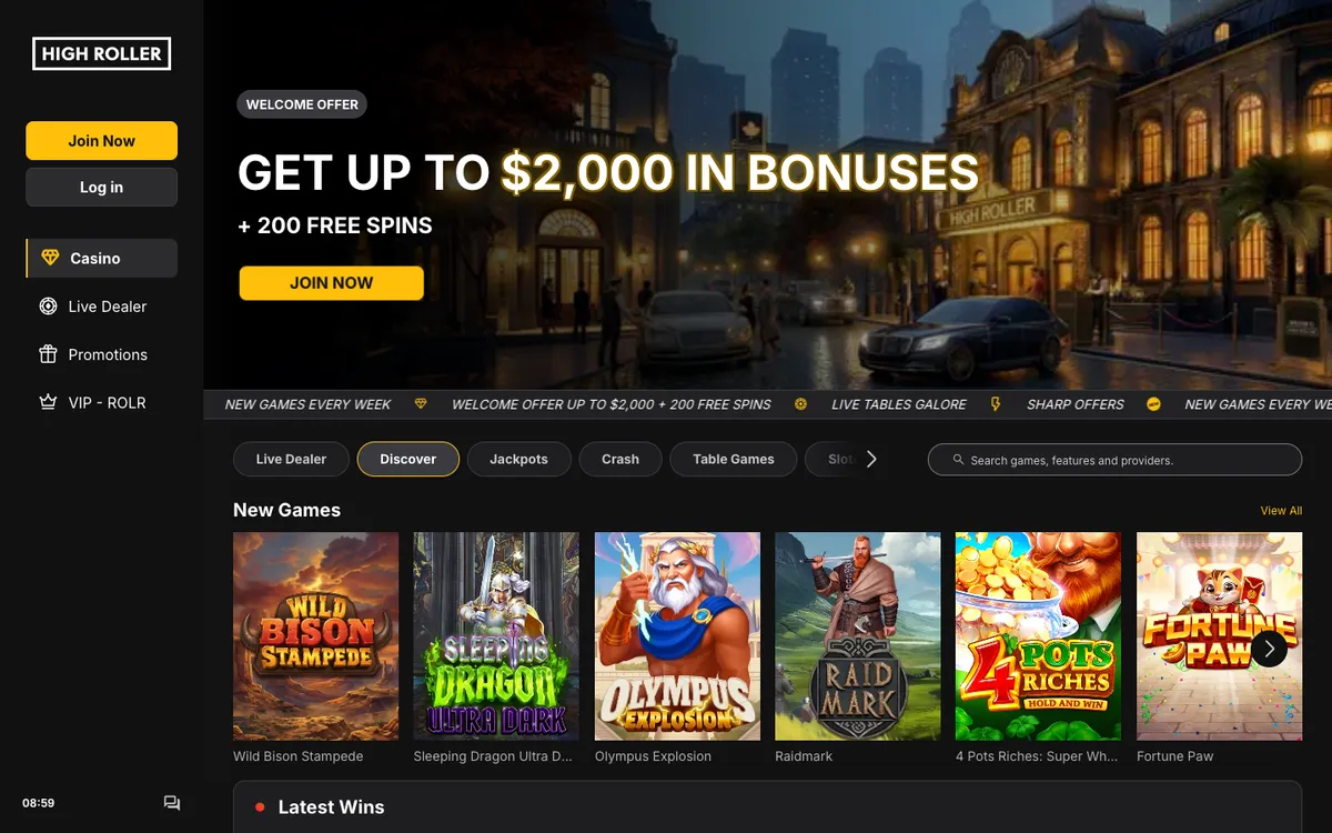 Highroller Casino — Home page, captured from Canada