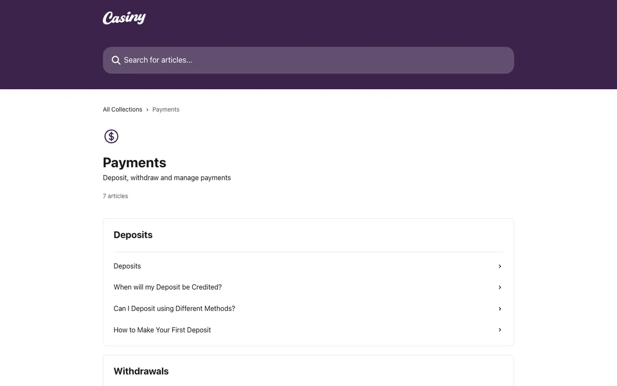 Casiny Casino — Payments, captured from Australia