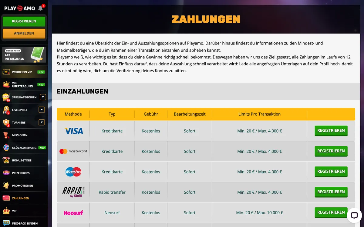 Playamo Casino — Payments, captured from Germany