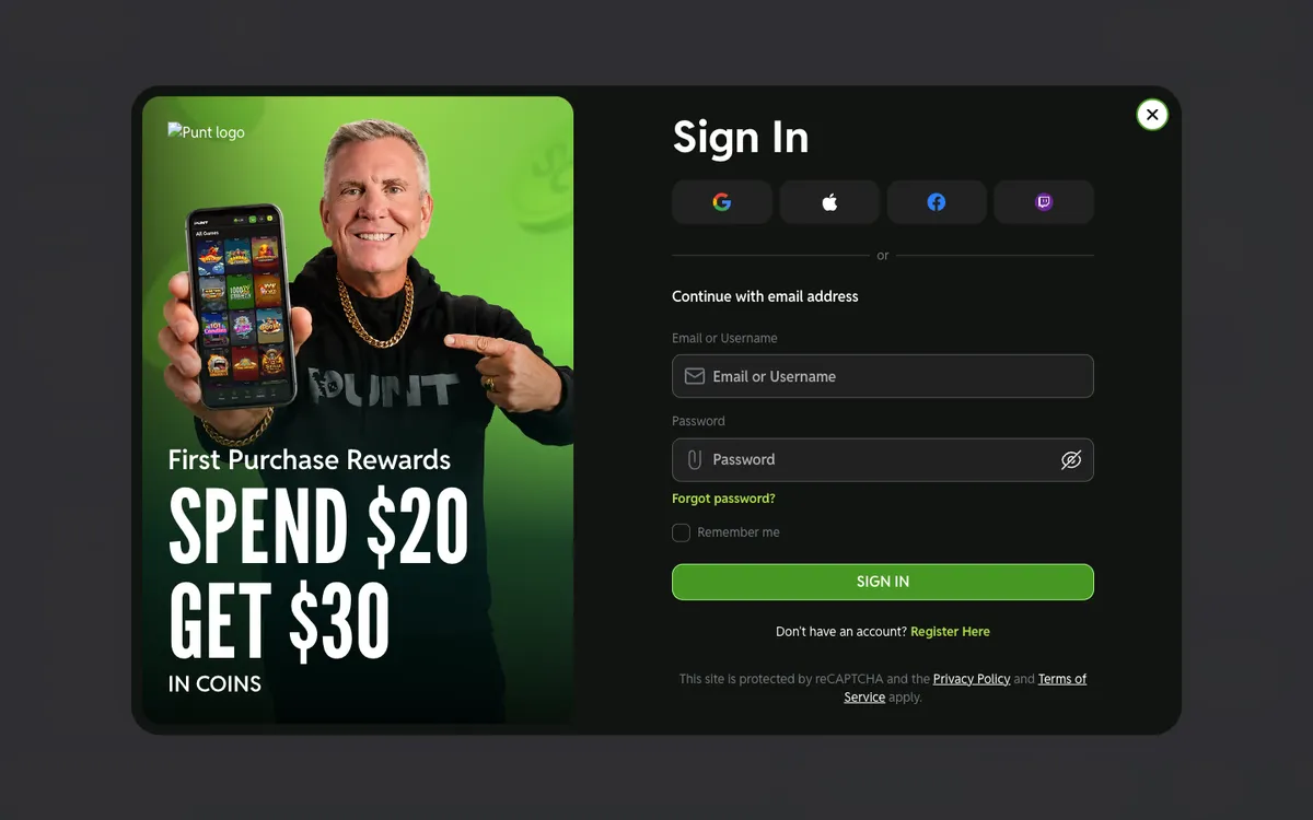 Punt.com Casino — Sign-up, captured from United States