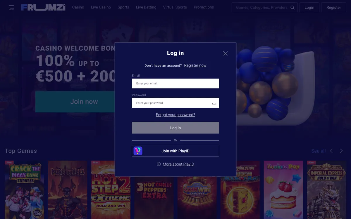 Frumzi Casino — «Регистрация», снято из страны Южно-Африканская Республика