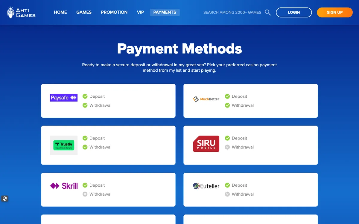 AHTI Games Casino — Payments, captured from Finland