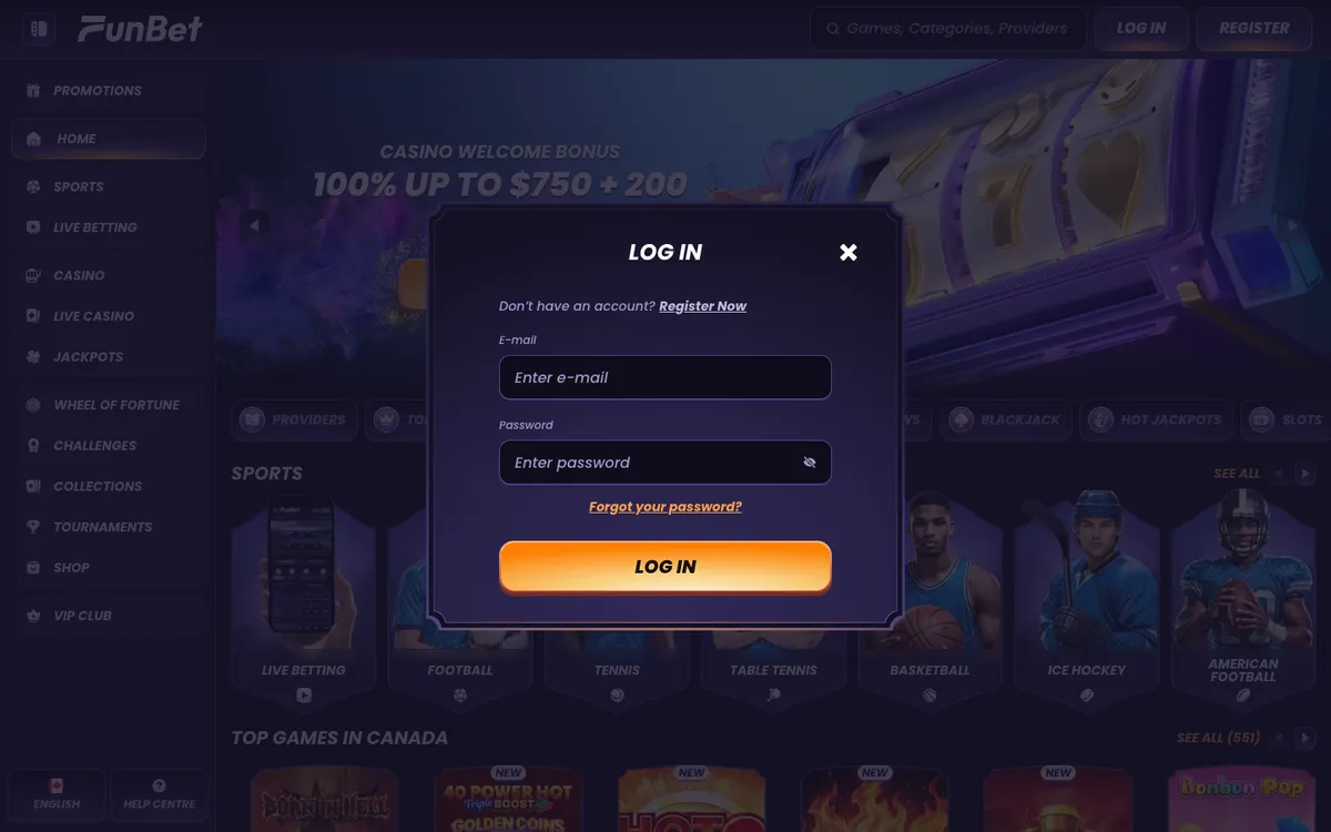 Funbet Casino — Sign-up, captured from Canada