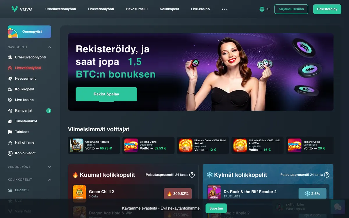 Vave Casino — Home page, captured from Finland