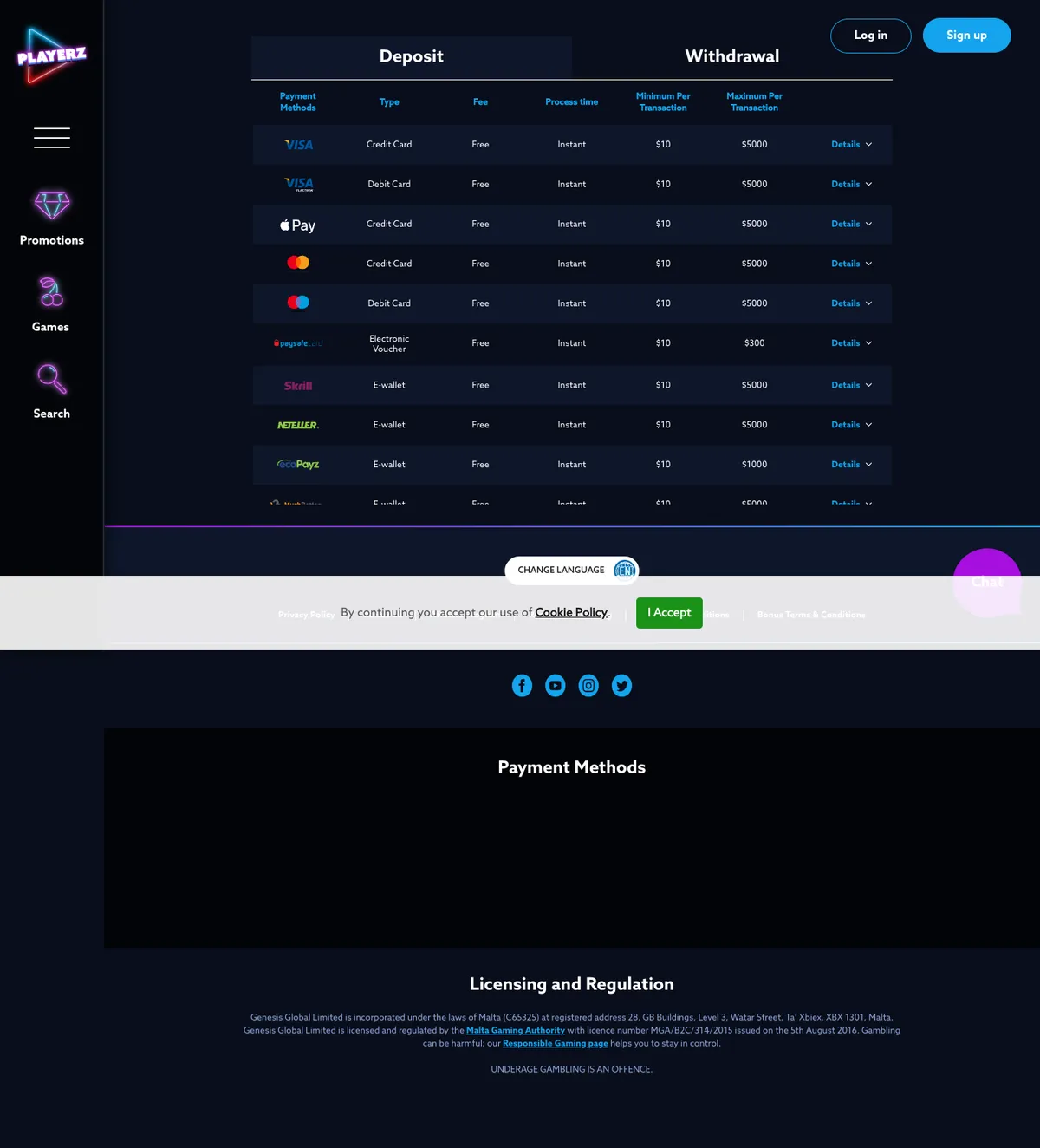 Playerz Casino — «Платежи», снято из страны Мексика