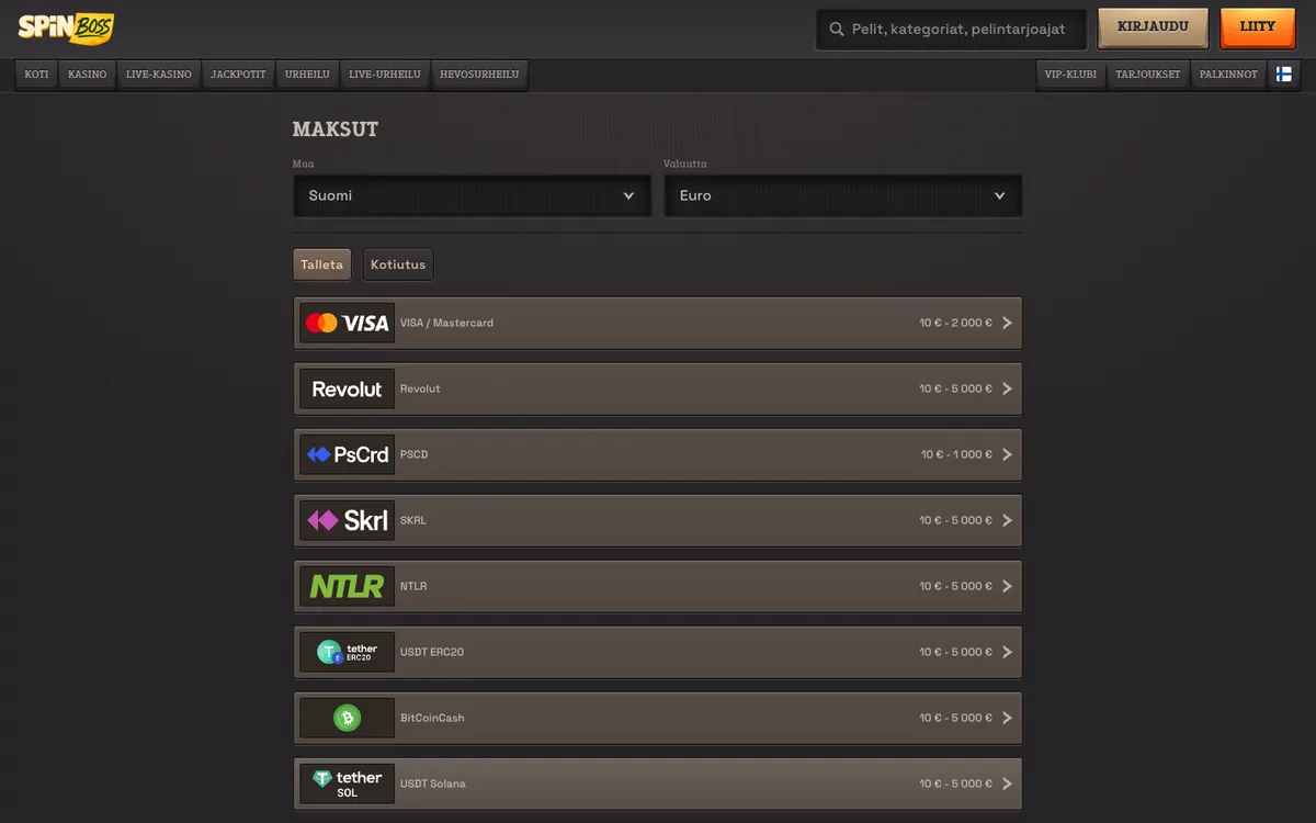 SpinBoss Casino — Payments, captured from Finland
