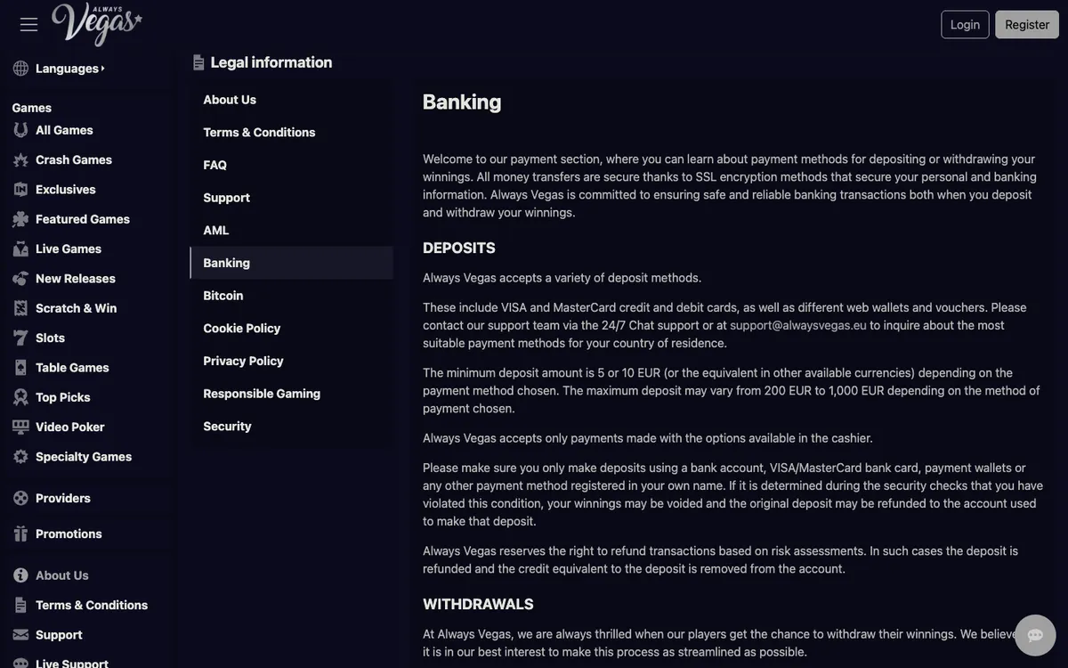 Always Vegas Casino — Payments, captured from Australia