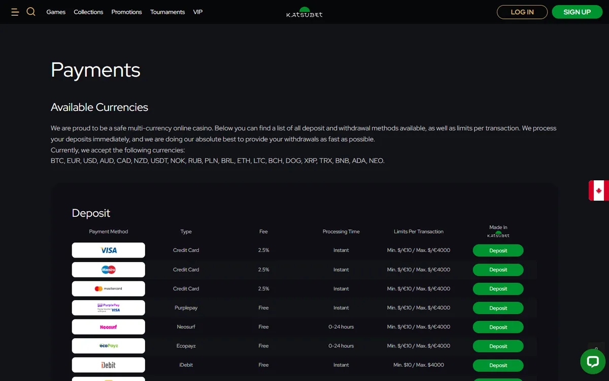 KatsuBet Casino — Payments, captured from Canada
