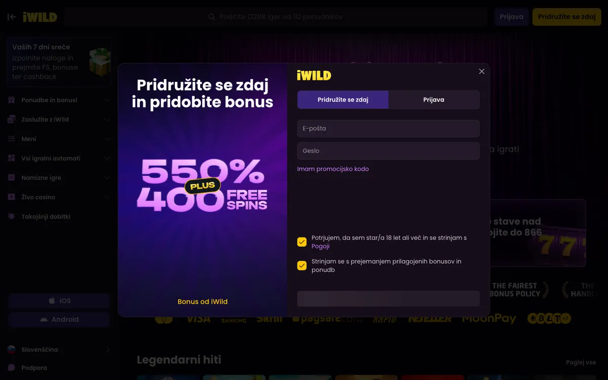iWild Casino — Home page, captured from Slovenia