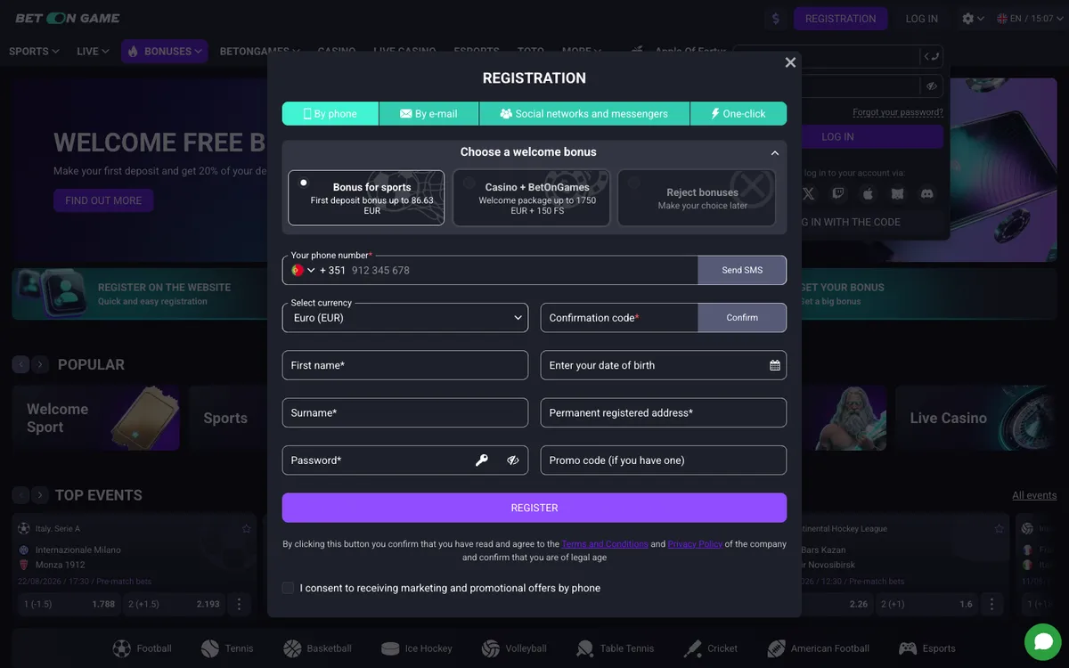BetOnGame Casino — Sign-up, captured from Portugal