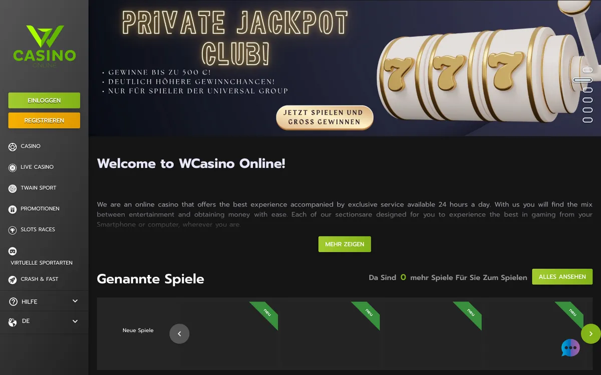 Wcasino Online — Home page, captured from Austria