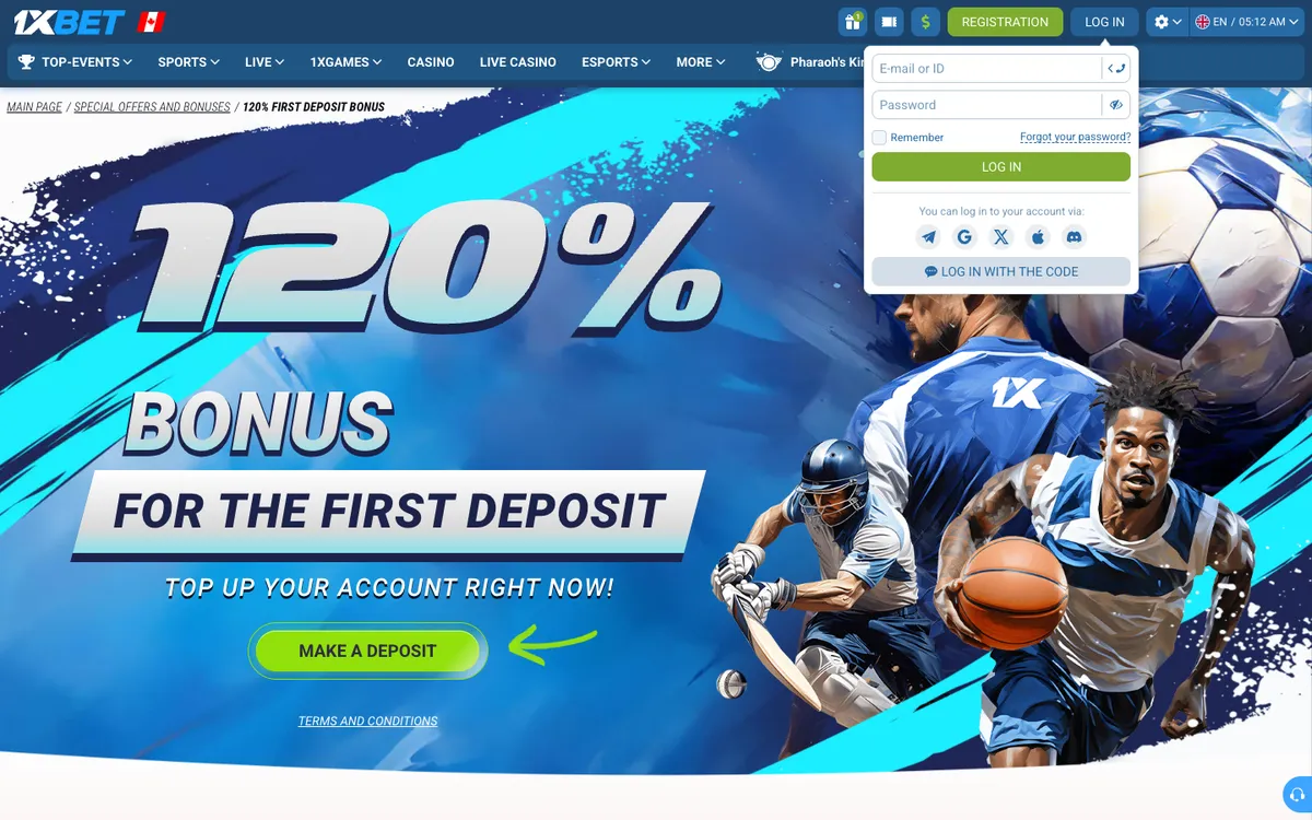 1xBet Casino — Sign-up, captured from Canada