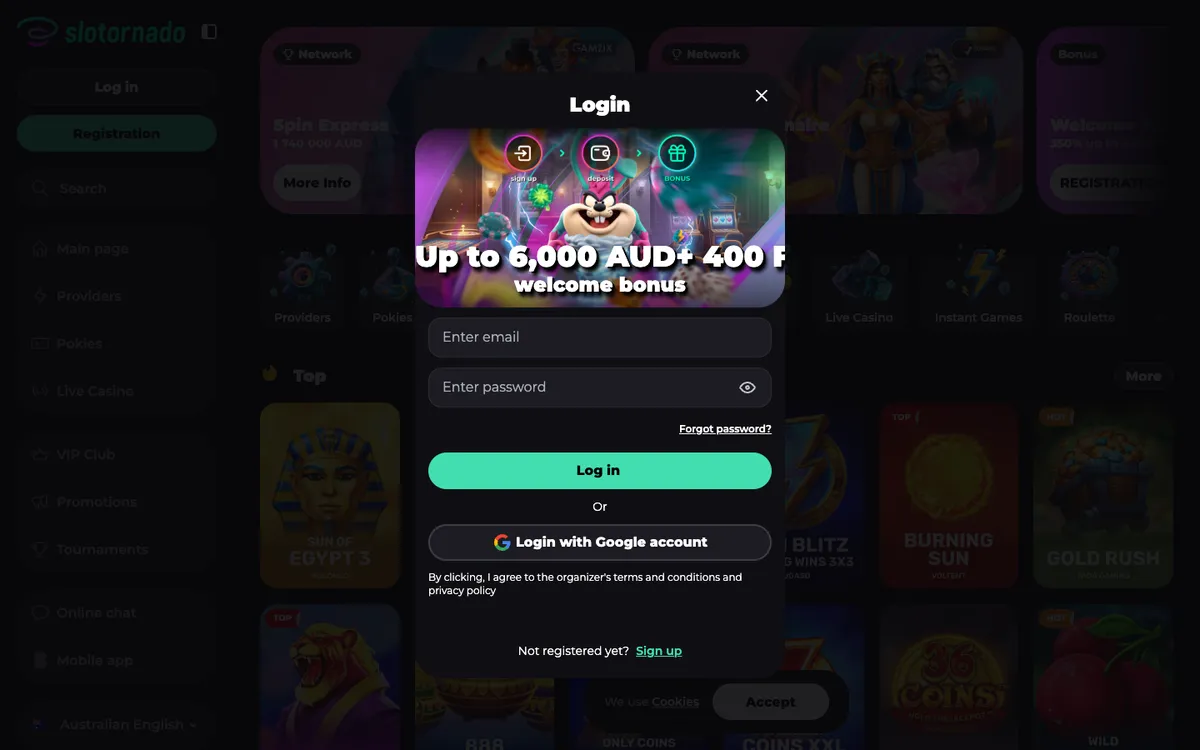 Slotornado Casino — Sign-up, captured from Australia