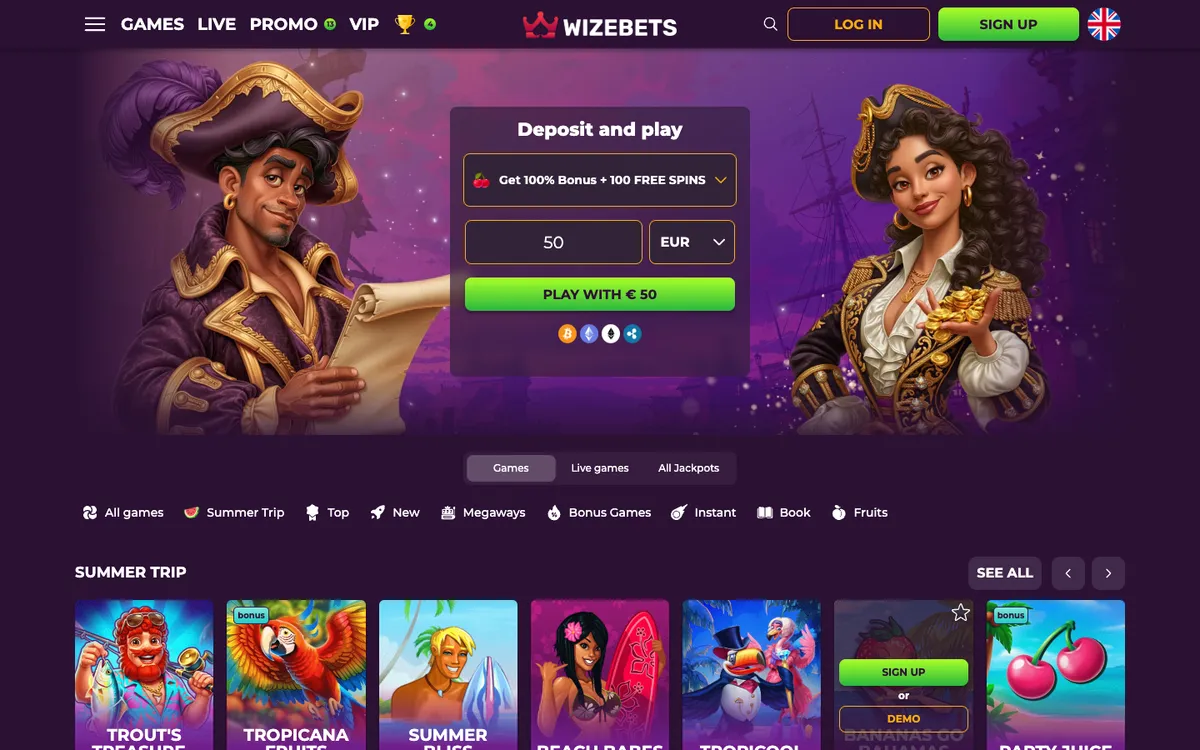 Wizebets Casino — Home page, captured from New Zealand