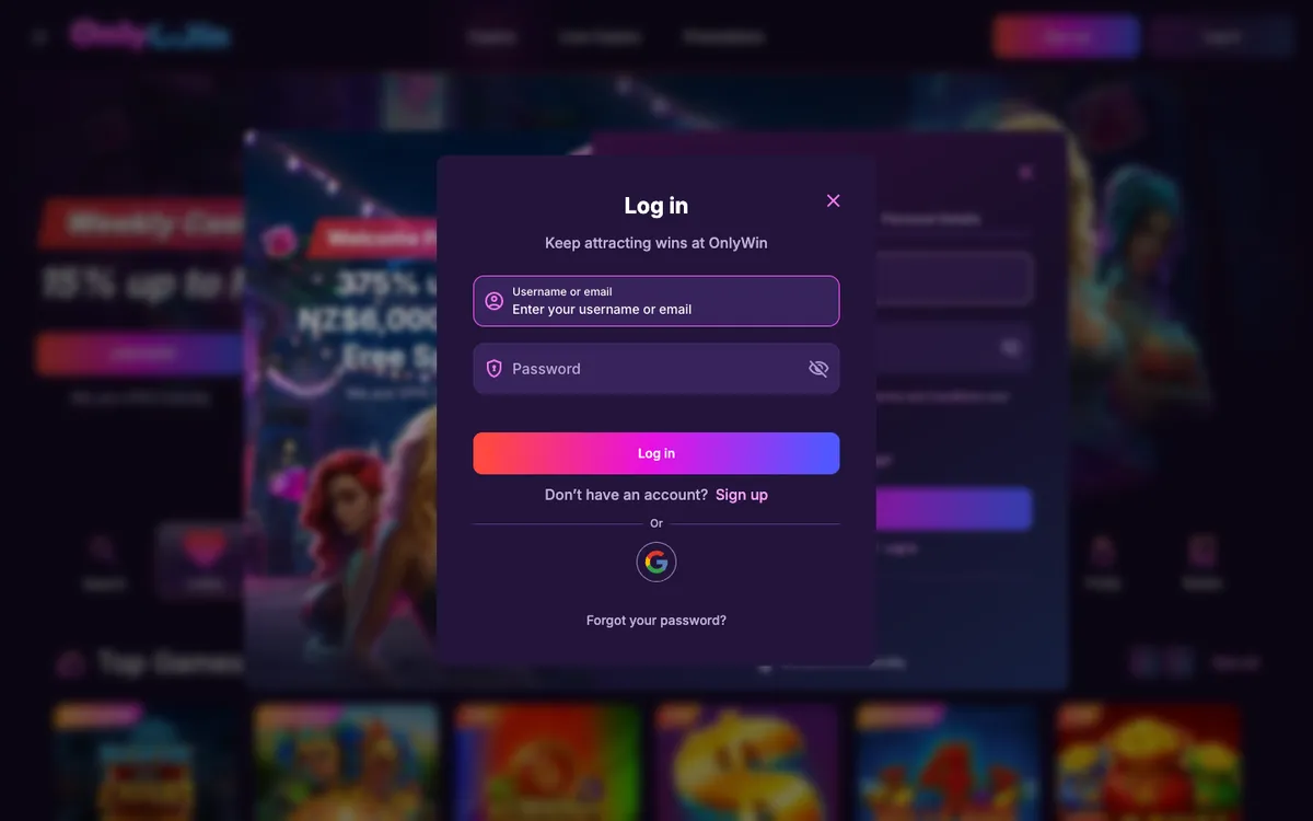Only Win Casino — Sign-up, captured from New Zealand