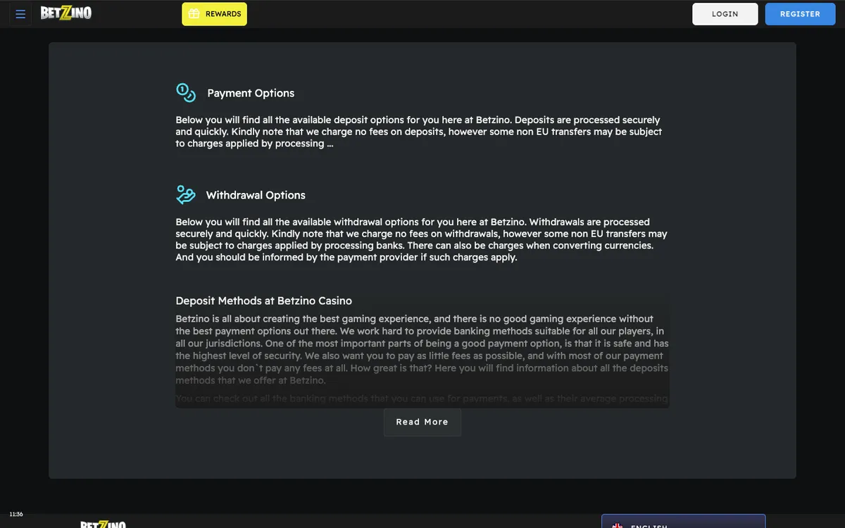 Betzino Casino — Payments, captured from Belgium