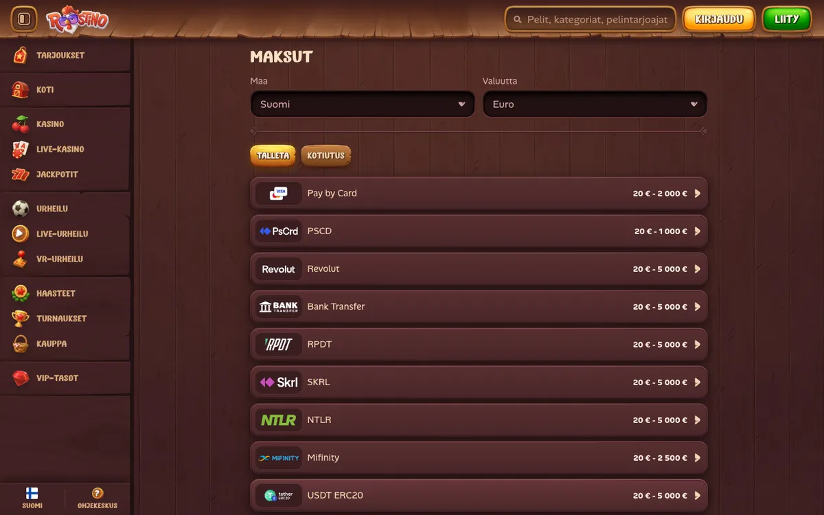 Roostino Casino — «Платежи», снято из страны Финляндия